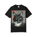 Black Cat Portrait T-Shirt — Painted Portrait on Pattern Background