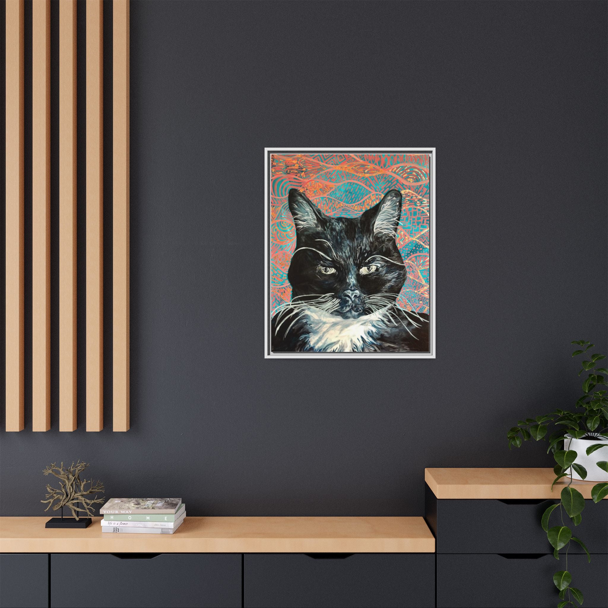 Black Cat Portrait Wall Art_ Framed Matte Canvas Cat Portrait