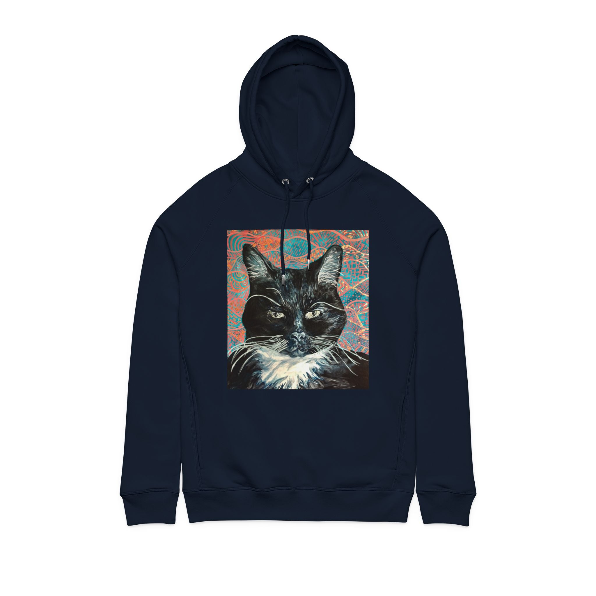 Black Cat Portrait -Organic Side‑Pocket Hoodie — Minimal White Pullover