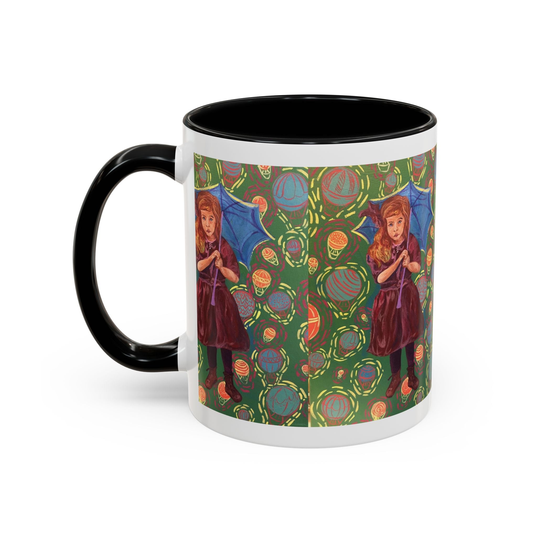 Vintage Girl with Umbrella Accent Coffee Mug — Whimsical Rainy-Day Art Gift (11/15 oz)