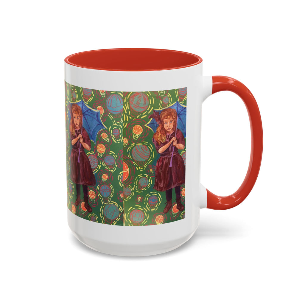Vintage Girl with Umbrella Accent Coffee Mug — Whimsical Rainy-Day Art Gift (11/15 oz)