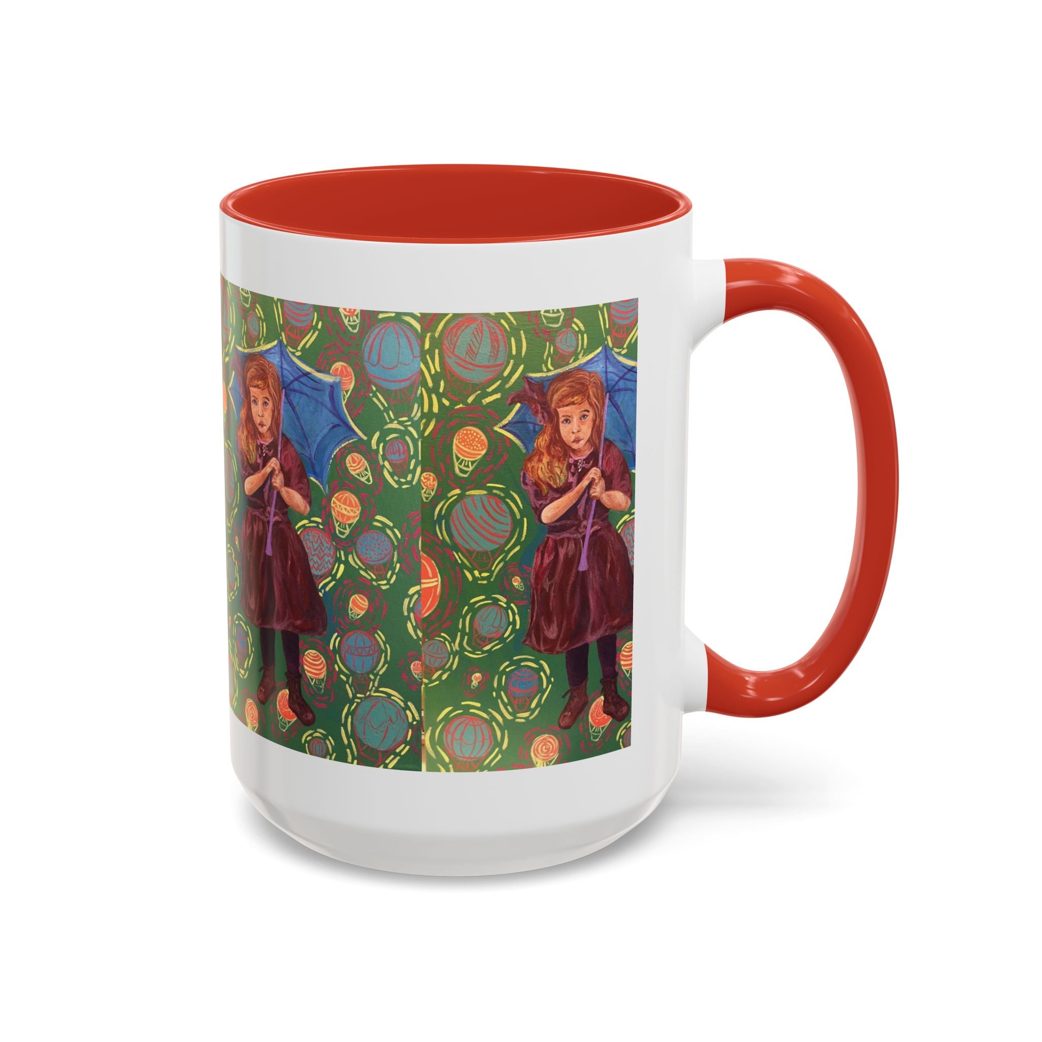 Vintage Girl with Umbrella Accent Coffee Mug — Whimsical Rainy-Day Art Gift (11/15 oz)