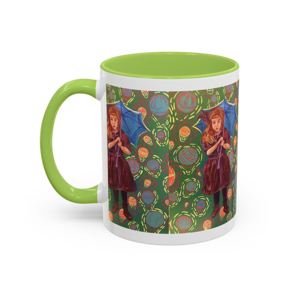 Vintage Girl with Umbrella Accent Coffee Mug — Whimsical Rainy-Day Art Gift (11/15 oz)
