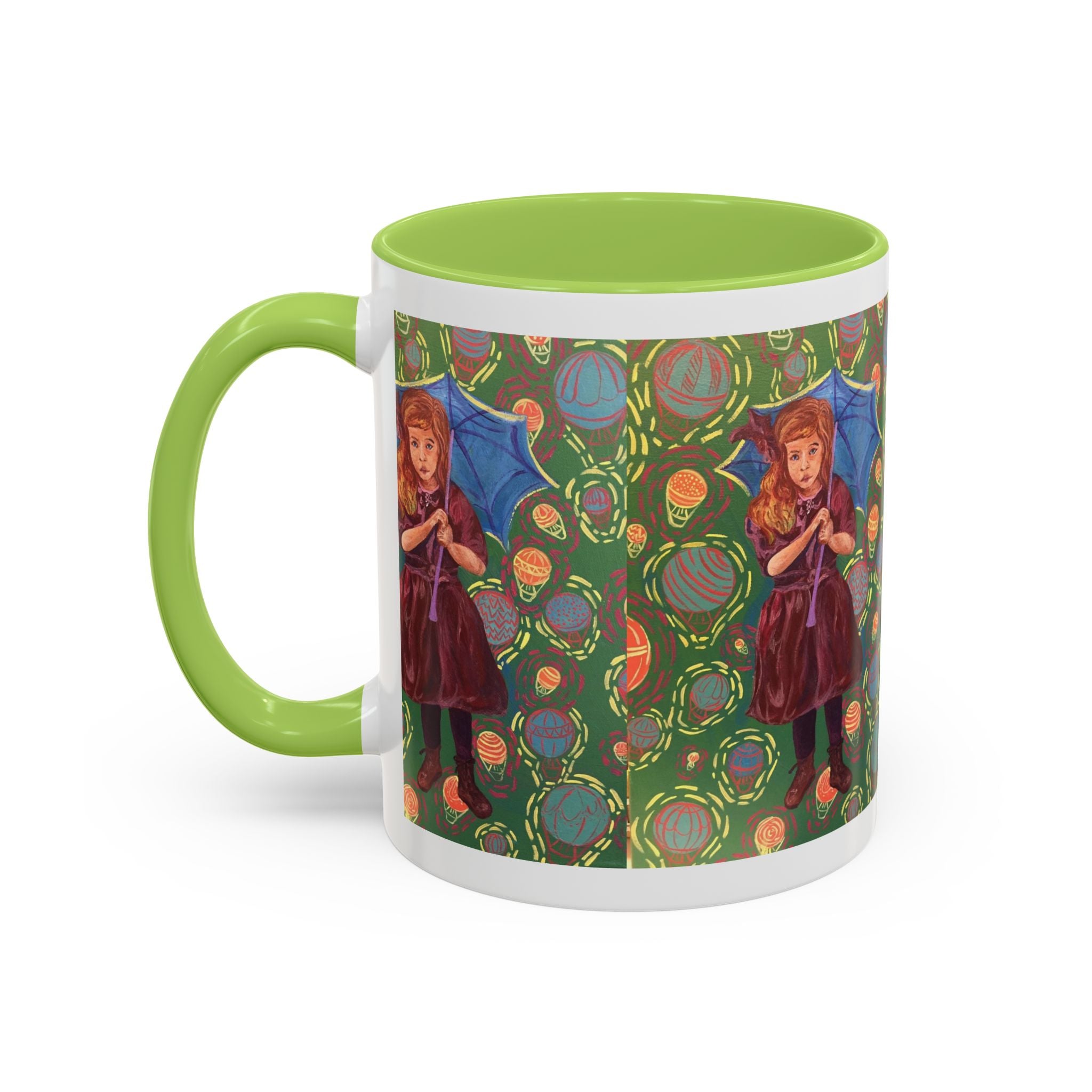 Vintage Girl with Umbrella Accent Coffee Mug — Whimsical Rainy-Day Art Gift (11/15 oz)