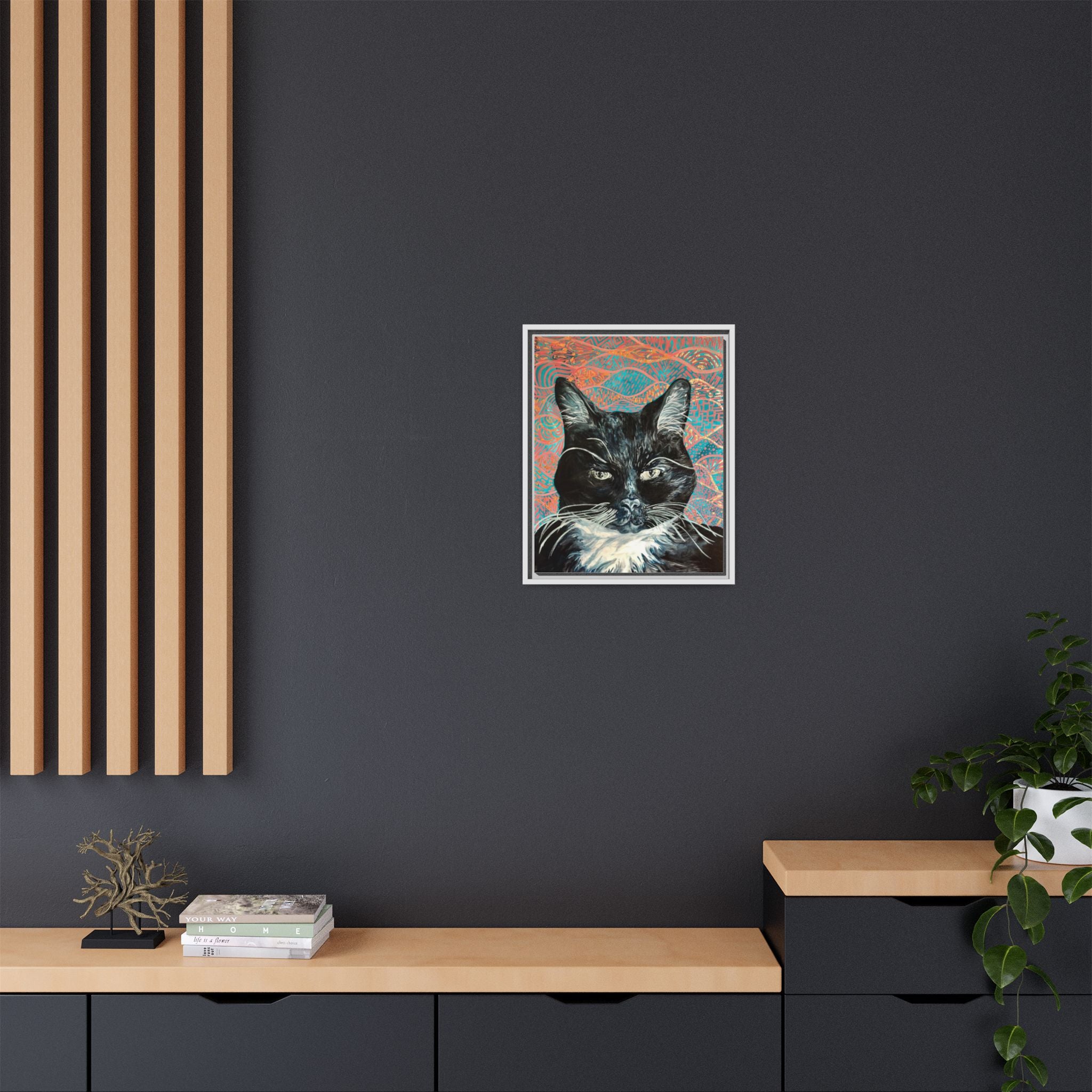 Black Cat Portrait Wall Art_ Framed Matte Canvas Cat Portrait
