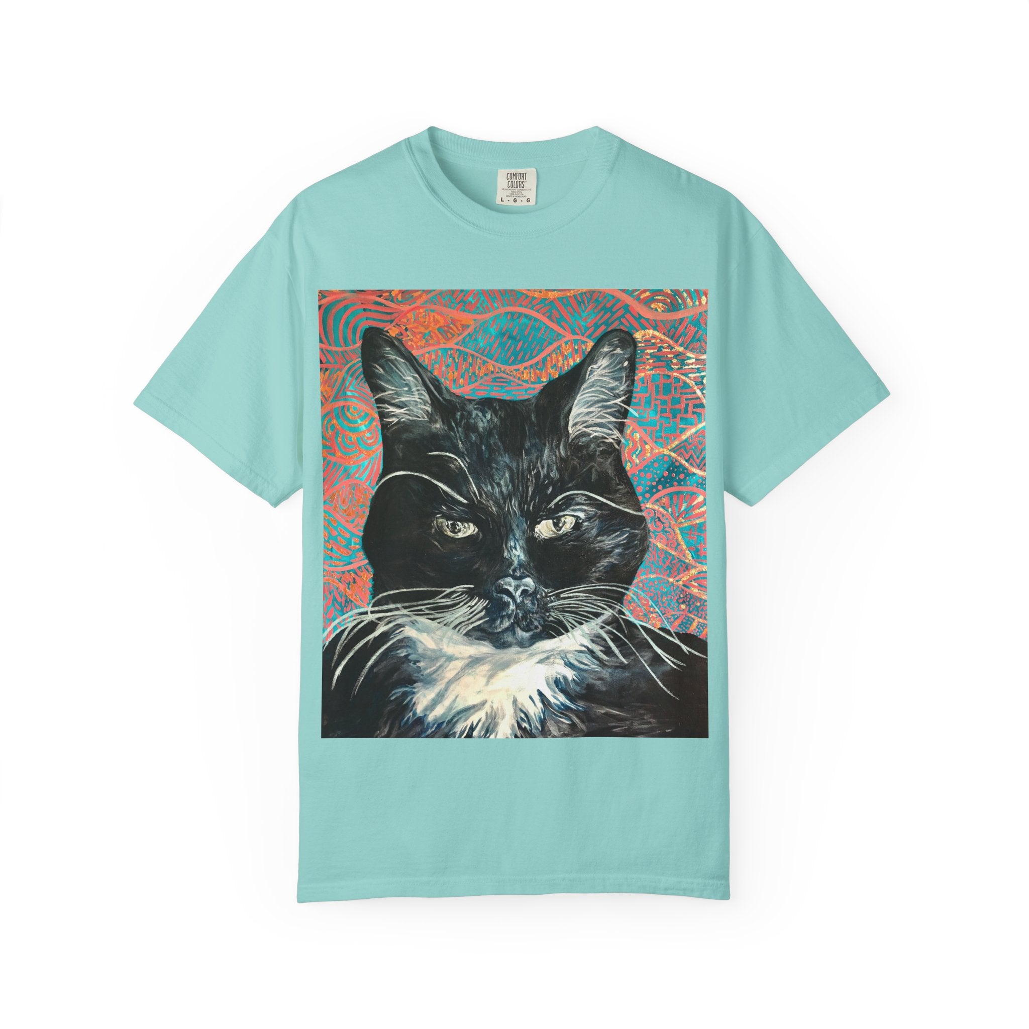 Black Cat Portrait T-Shirt — Painted Portrait on Pattern Background
