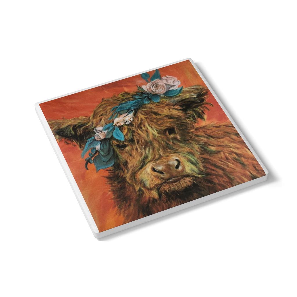 Highland Cow Floral Crown Ceramic Coaster — Rustic Farmhouse Drink Protector