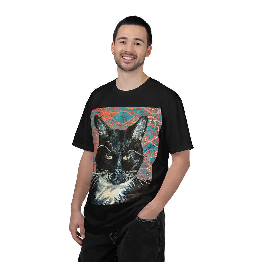 Black Cat Portrait T-Shirt — Painted Portrait on Pattern Background