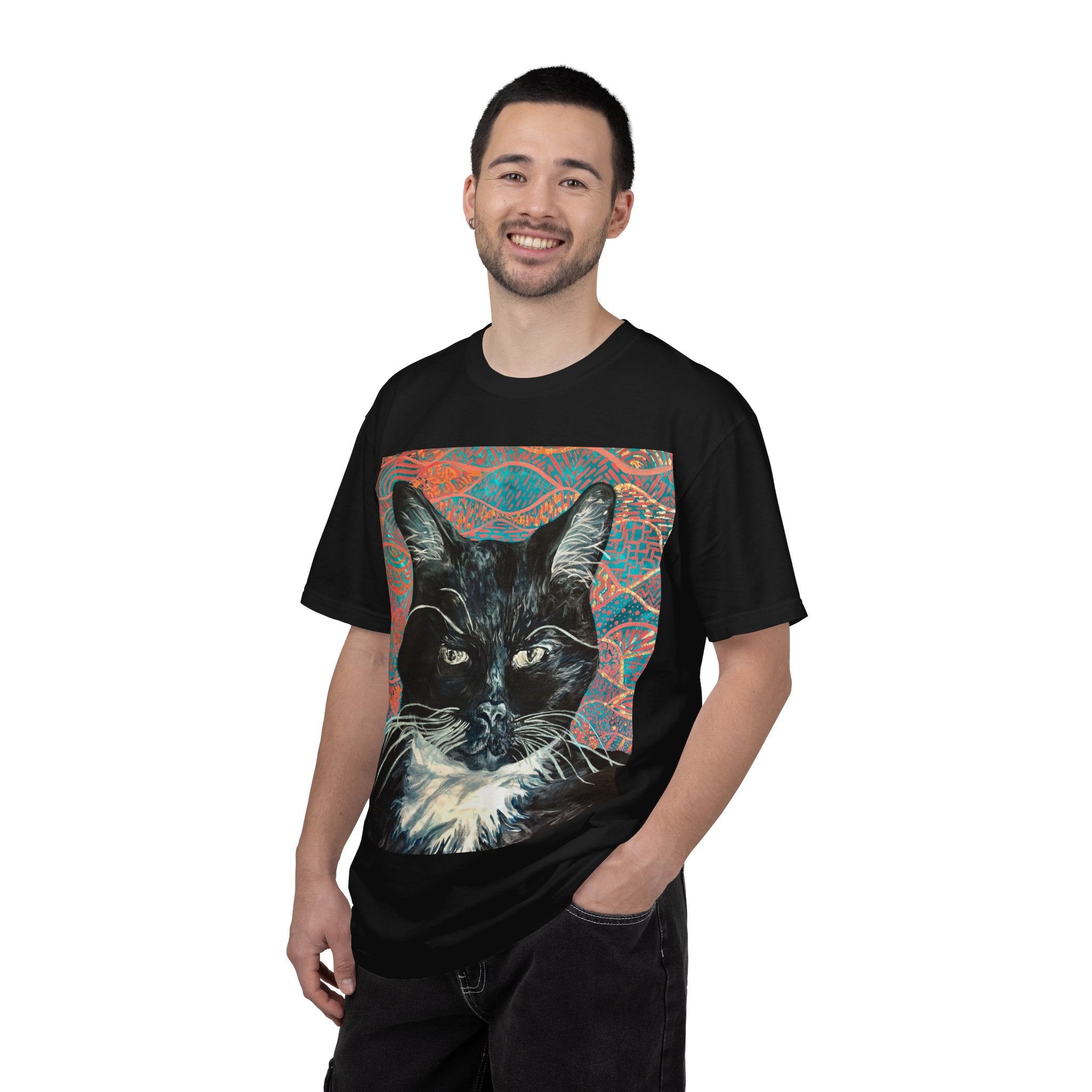 Black Cat Portrait T-Shirt — Painted Portrait on Pattern Background