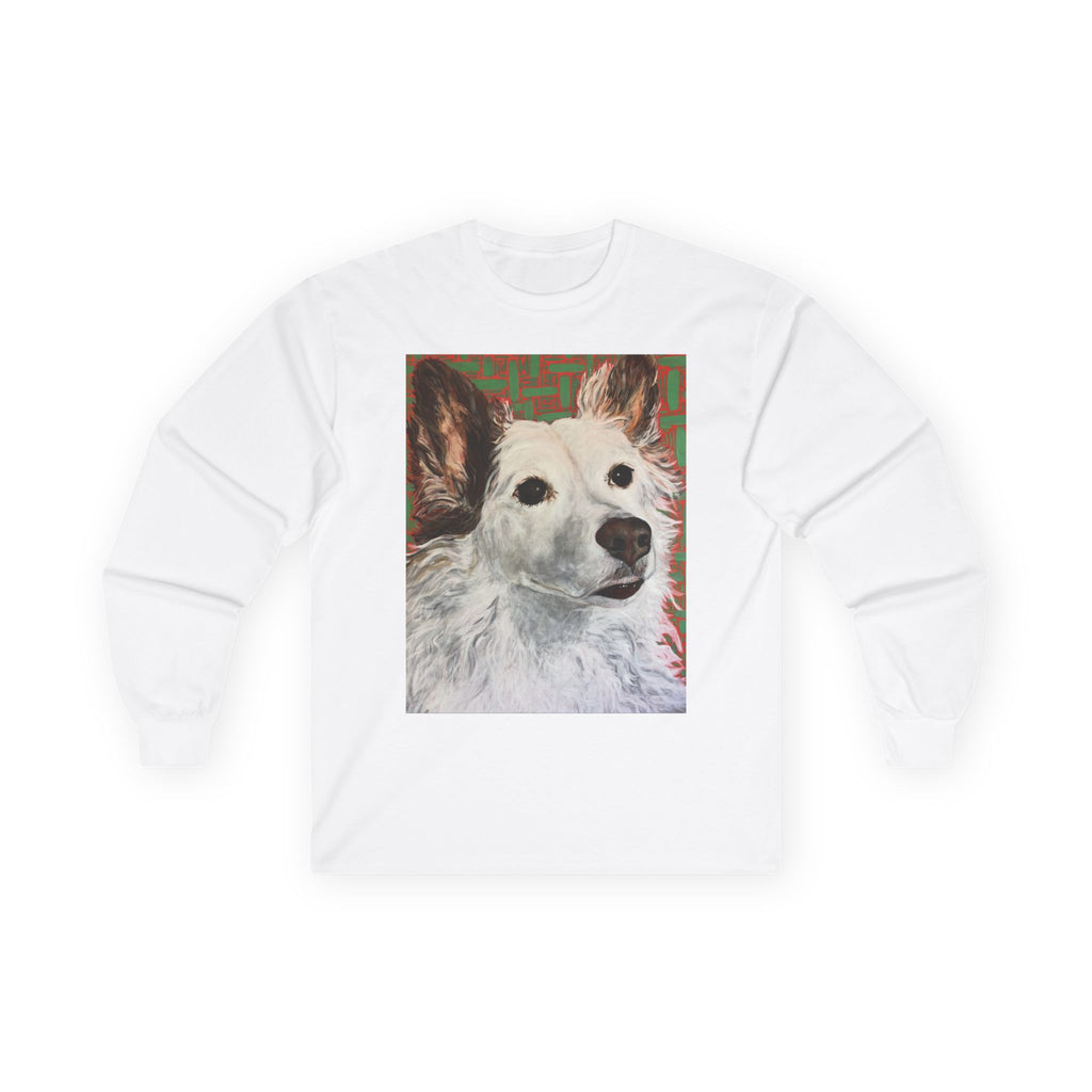 White Dog Portrait Long Sleeve Tee — Brown-Eared Canine Art