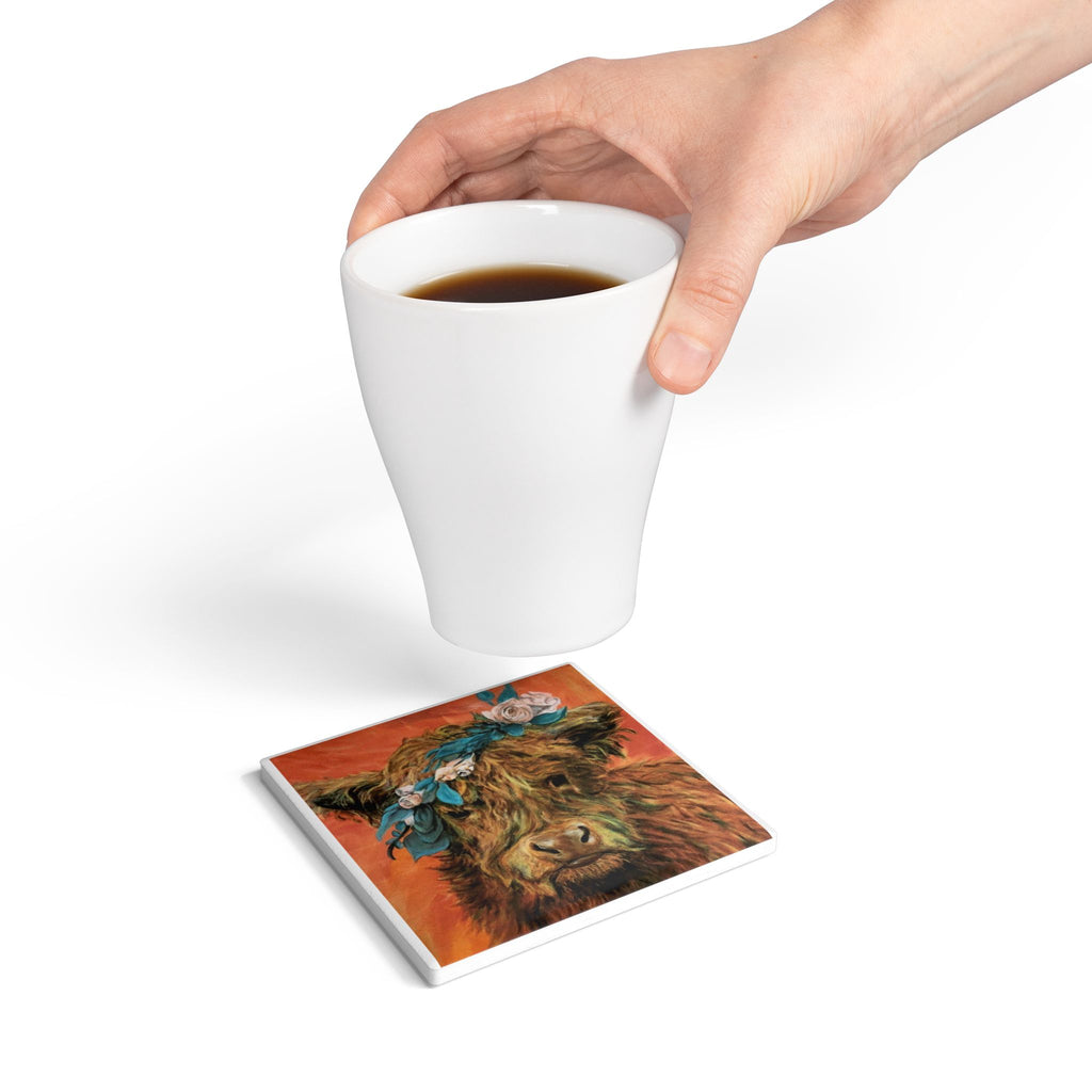 Highland Cow Floral Crown Ceramic Coaster — Rustic Farmhouse Drink Protector