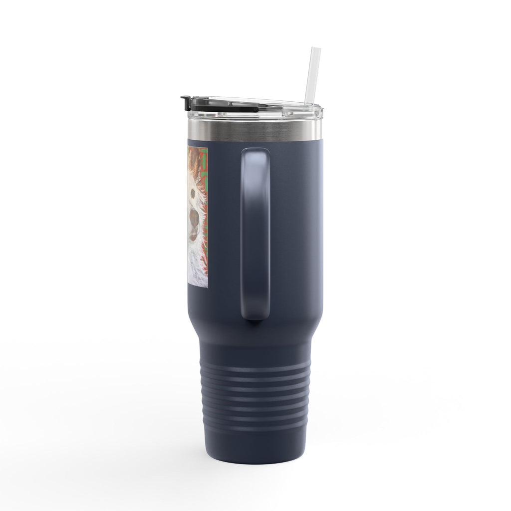 White Dog Portrait - 40oz Insulated Travel Mug — Painted White Dog Portrait with Brown Ears on Vibrant Pattern