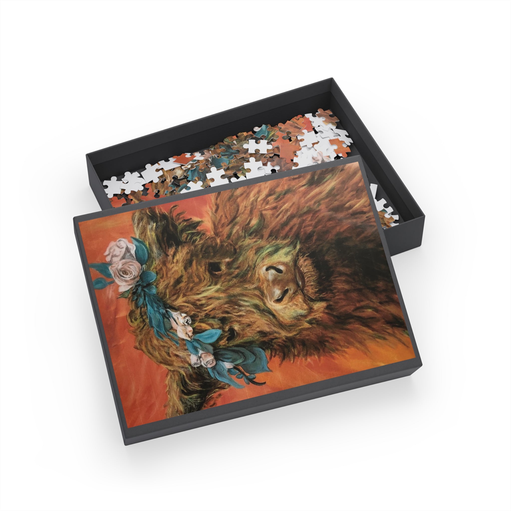 Highland Cow Floral Crown Puzzle — Scenic Animal Jigsaw (96–1000 pcs)