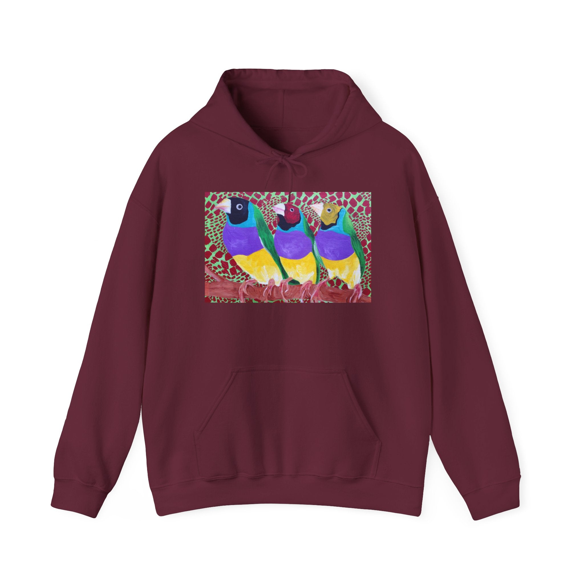 Gouldian Finch Trio Hoodie — Colorful Tropical Bird Graphic Pullover