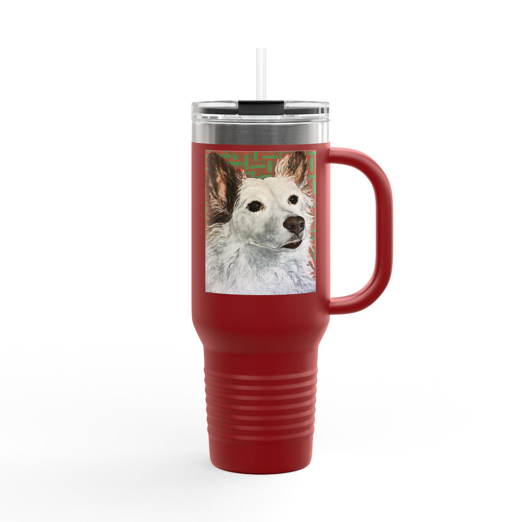 White Dog Portrait - 40oz Insulated Travel Mug — Painted White Dog Portrait with Brown Ears on Vibrant Pattern