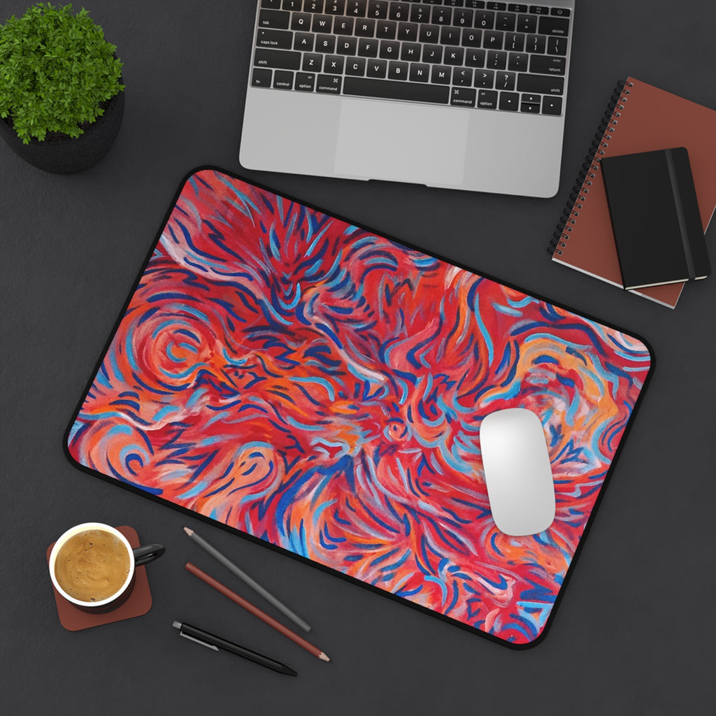 Abstract Flame Swirl Desk Mat — Vibrant Red & Blue Artistic Mouse Pad