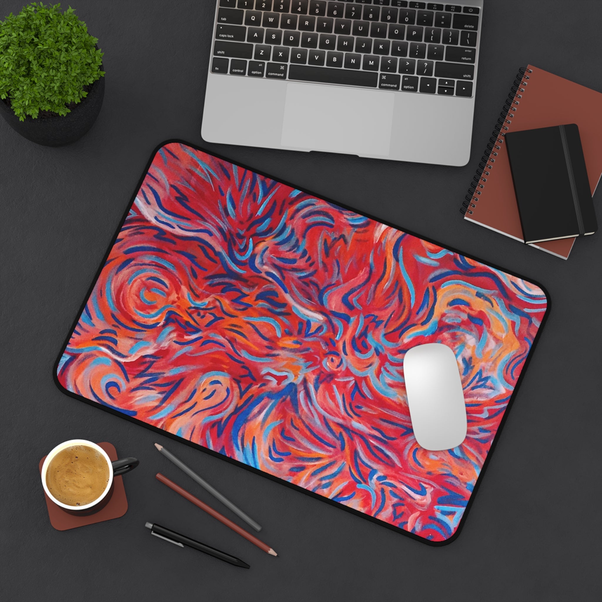 Abstract Flame Swirl Desk Mat — Vibrant Red & Blue Artistic Mouse Pad