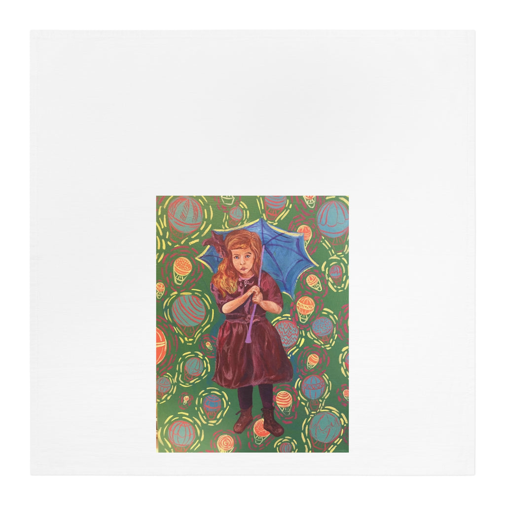 Vintage Girl with Blue Umbrella - Tea Towel — Painted Little Girl with Umbrella & Hot Air Balloons