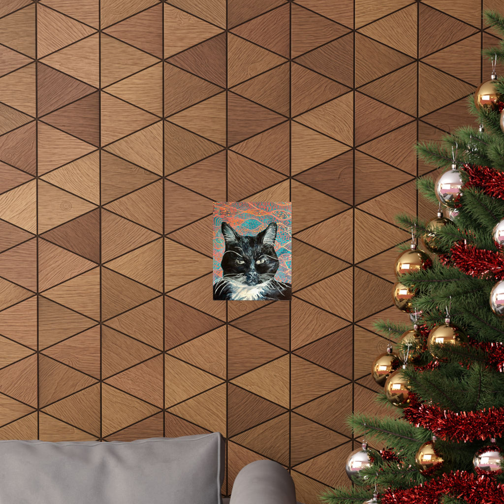 Black Cat Portrait Matte Poster — Vertical Wall Art on Patterned Background