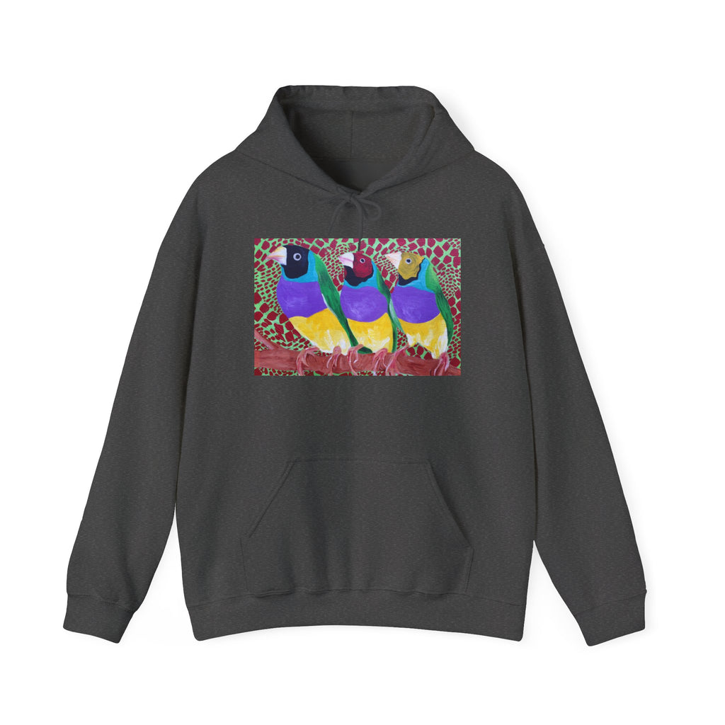 Gouldian Finch Trio Hoodie — Colorful Tropical Bird Graphic Pullover