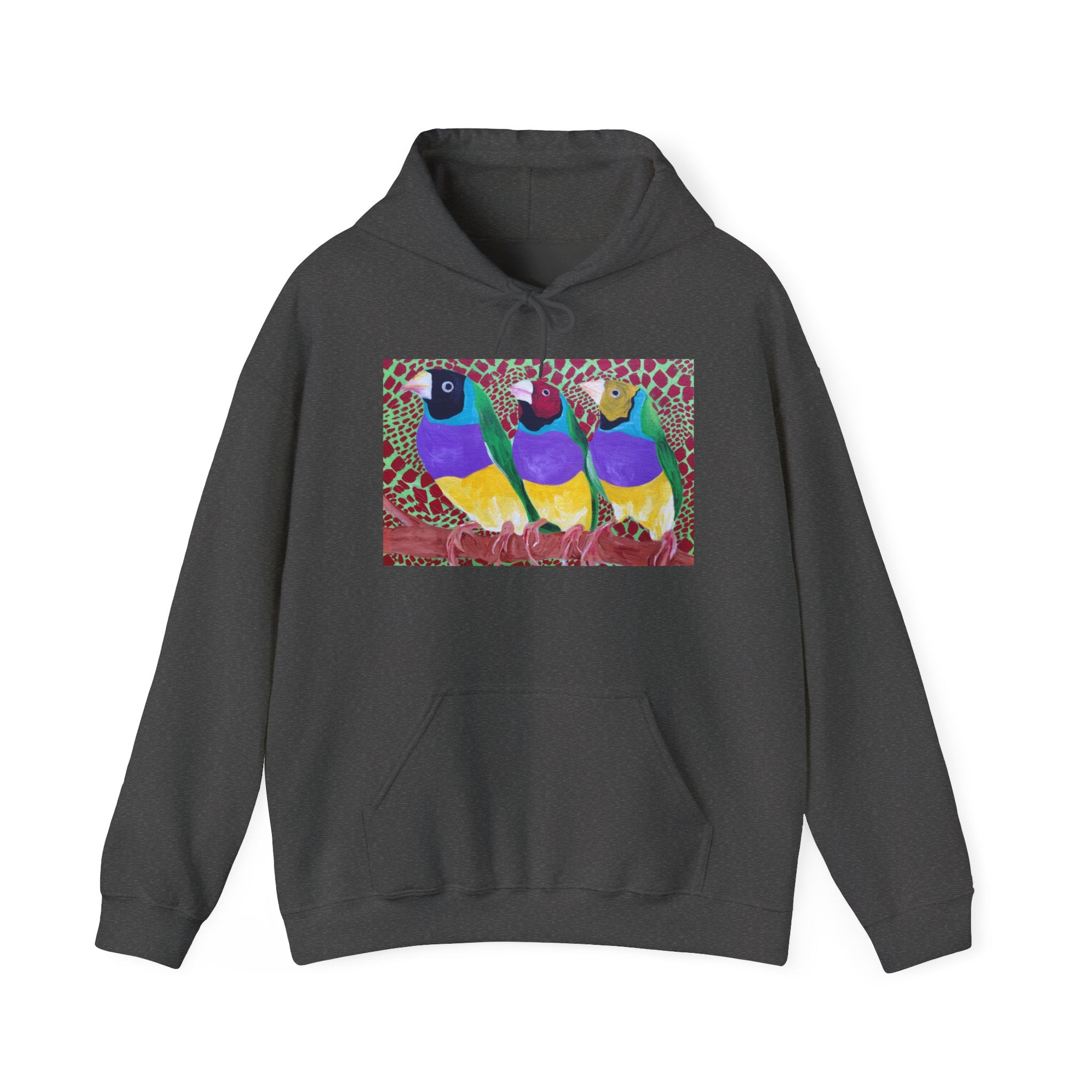 Gouldian Finch Trio Hoodie — Colorful Tropical Bird Graphic Pullover