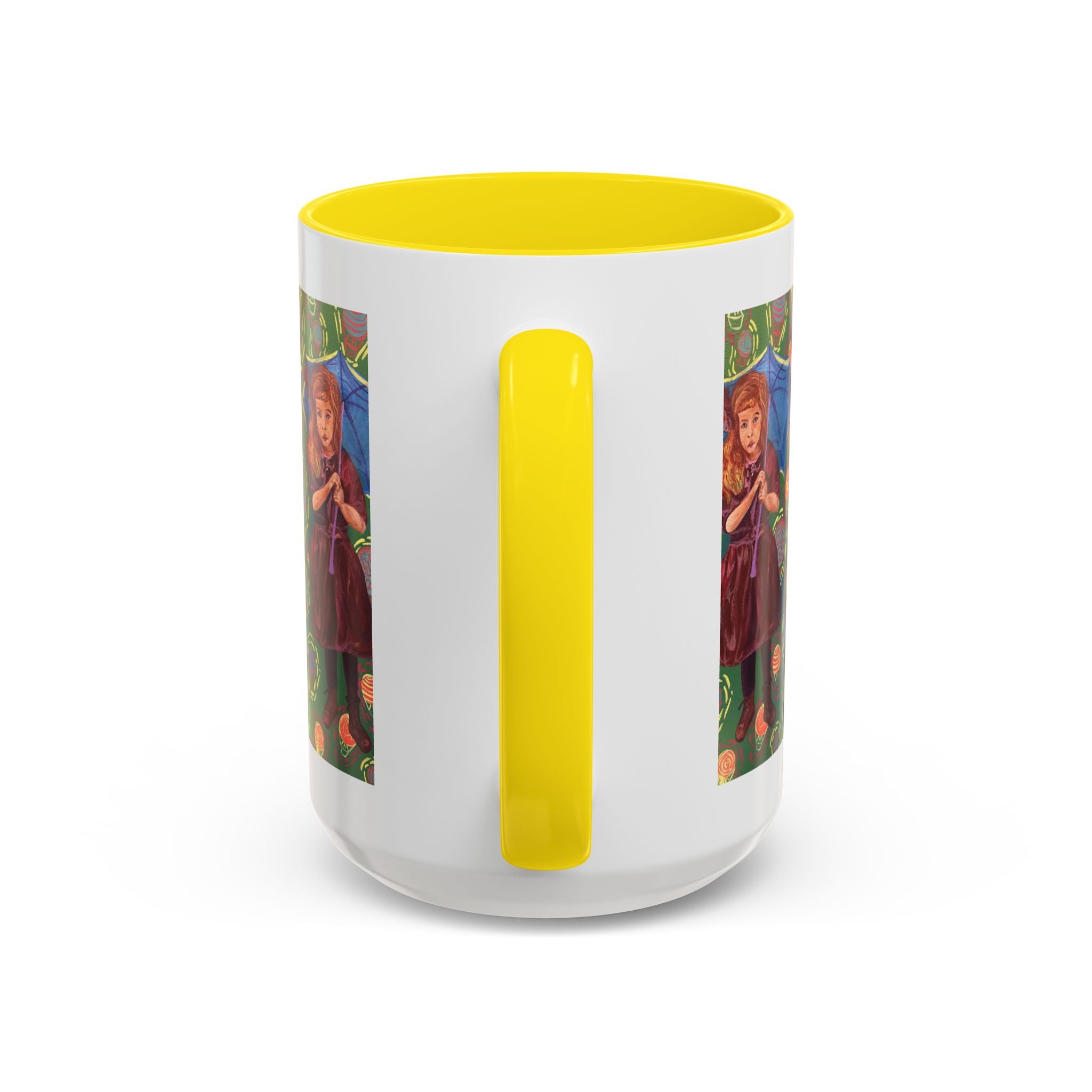 Vintage Girl with Umbrella Accent Coffee Mug — Whimsical Rainy-Day Art Gift (11/15 oz)