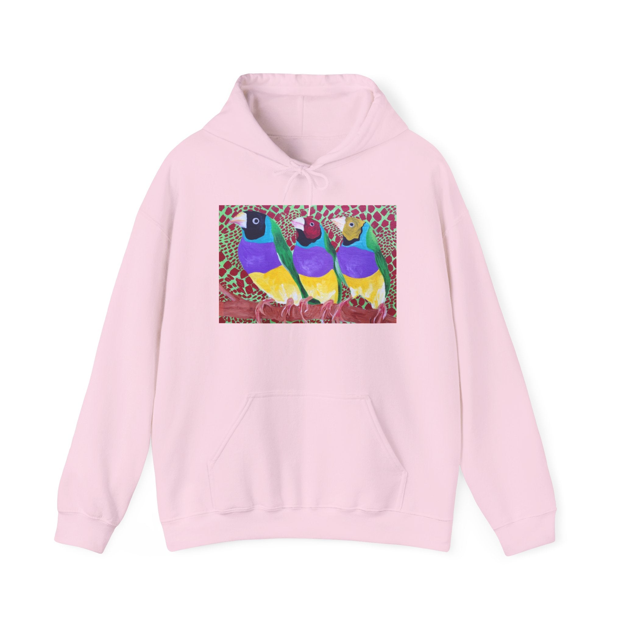Gouldian Finch Trio Hoodie — Colorful Tropical Bird Graphic Pullover