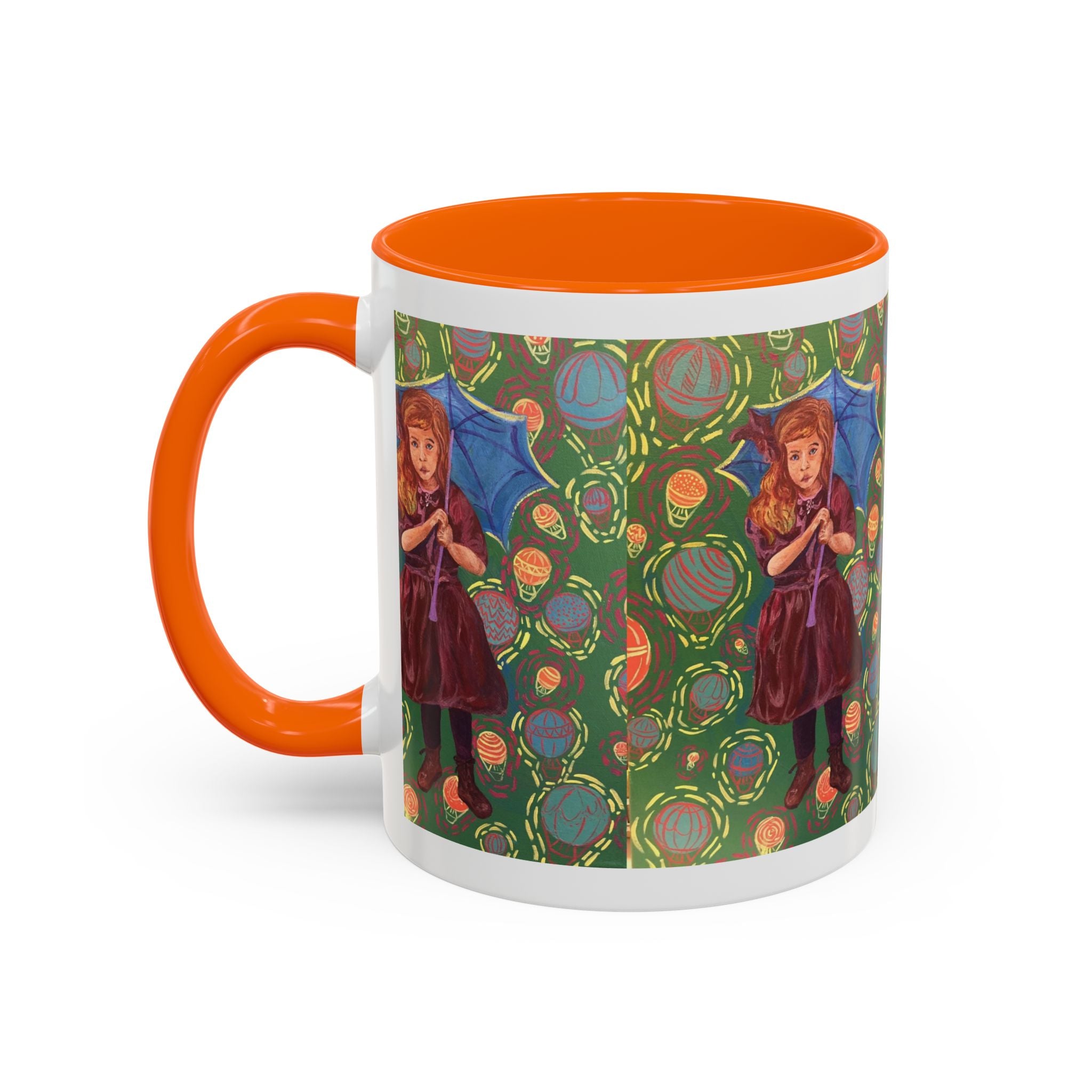 Vintage Girl with Umbrella Accent Coffee Mug — Whimsical Rainy-Day Art Gift (11/15 oz)
