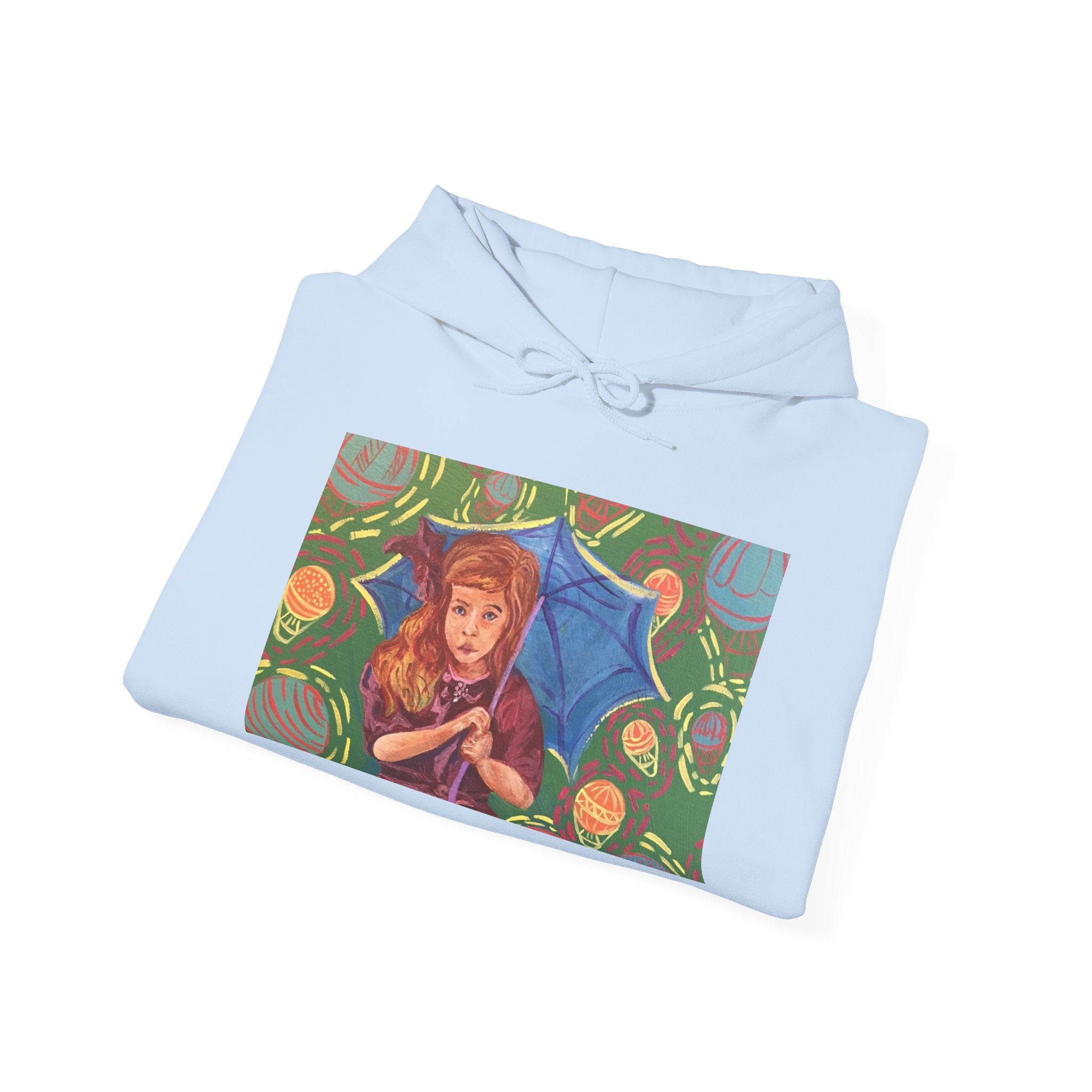 Vintage Girl with Umbrella Graphic Sweatshirt - Kids' Rainy Day Illustration Hoodie