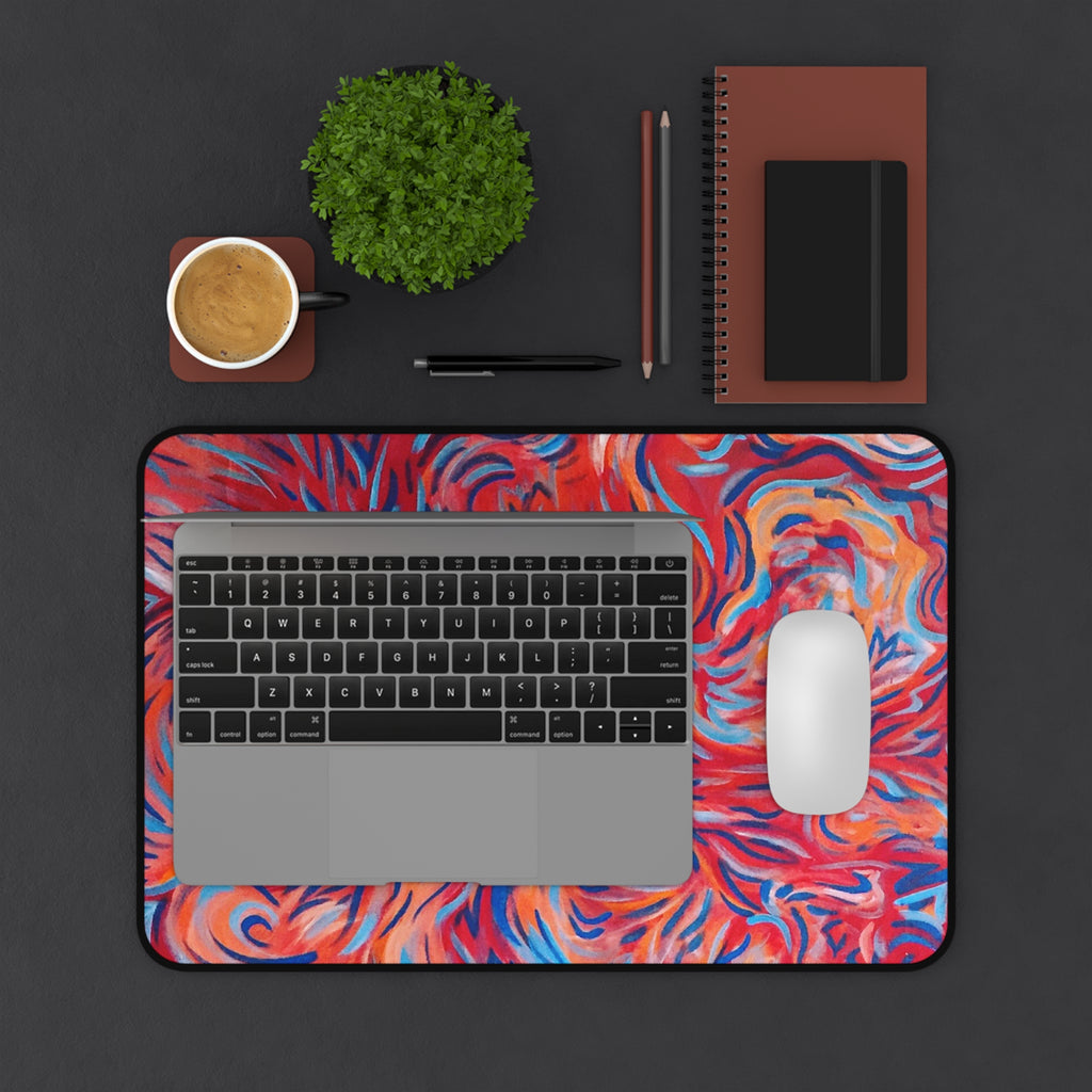 Abstract Flame Swirl Desk Mat — Vibrant Red & Blue Artistic Mouse Pad