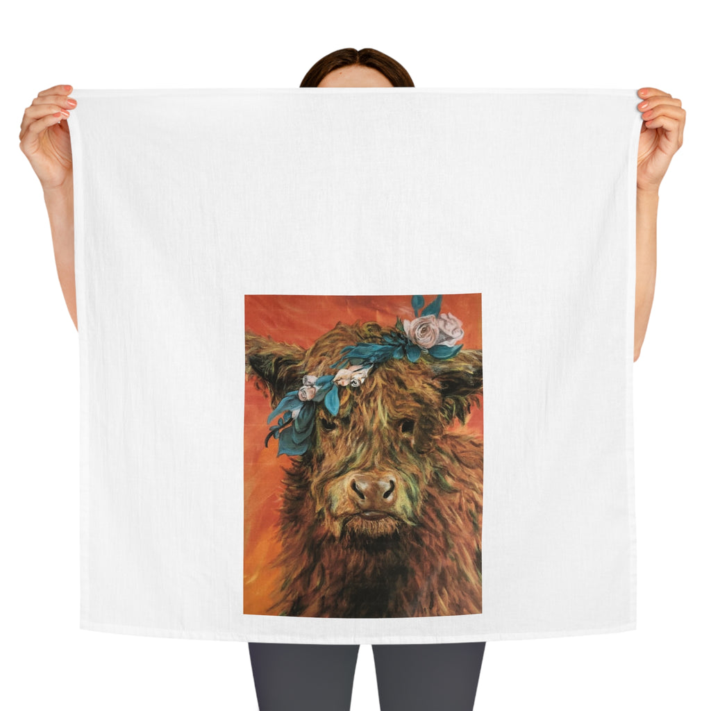 Highland Cow Tea Towel — Floral Crown Kitchen Towel with Vibrant Background