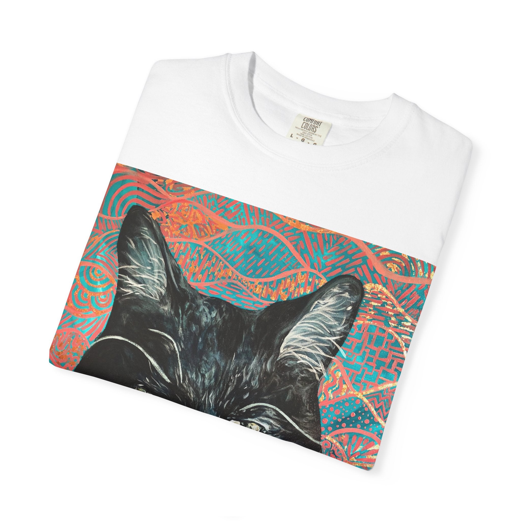 Black Cat Portrait T-Shirt — Painted Portrait on Pattern Background
