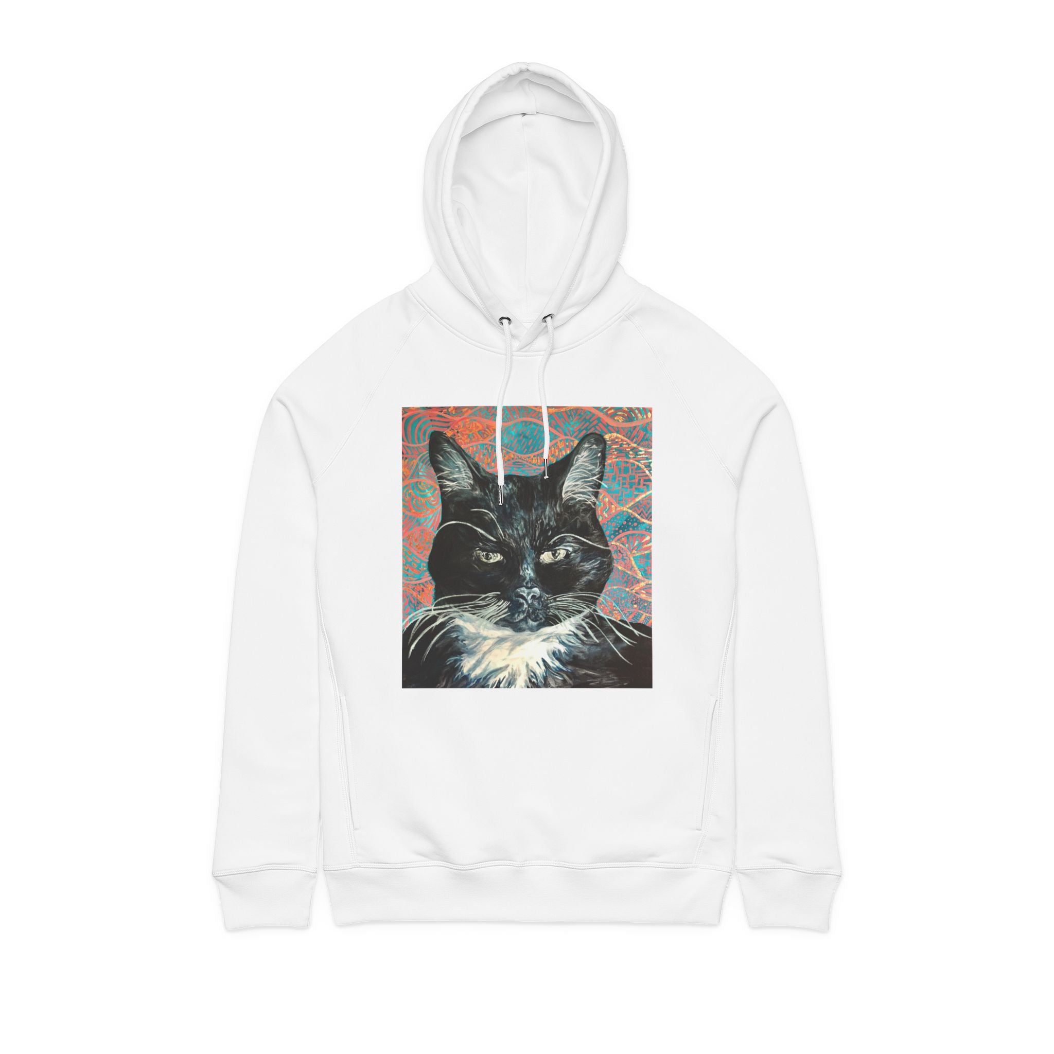 Black Cat Portrait -Organic Side‑Pocket Hoodie — Minimal White Pullover