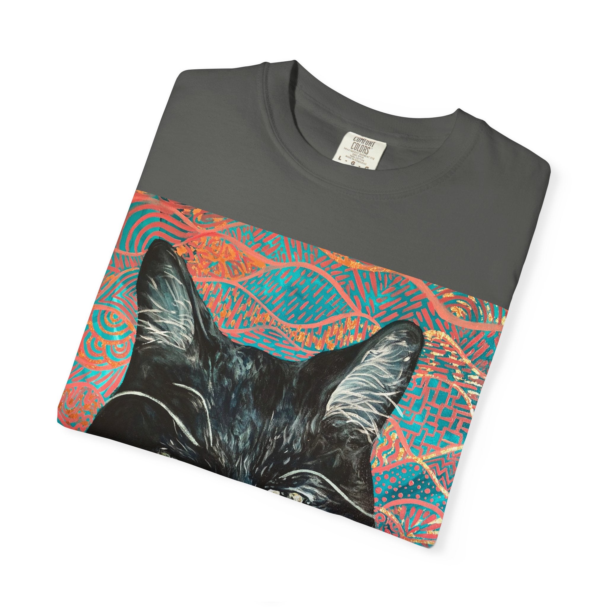 Black Cat Portrait T-Shirt — Painted Portrait on Pattern Background