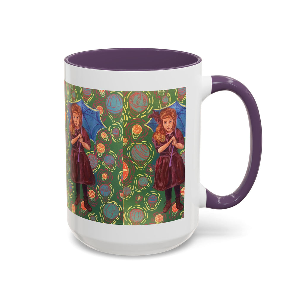 Vintage Girl with Umbrella Accent Coffee Mug — Whimsical Rainy-Day Art Gift (11/15 oz)