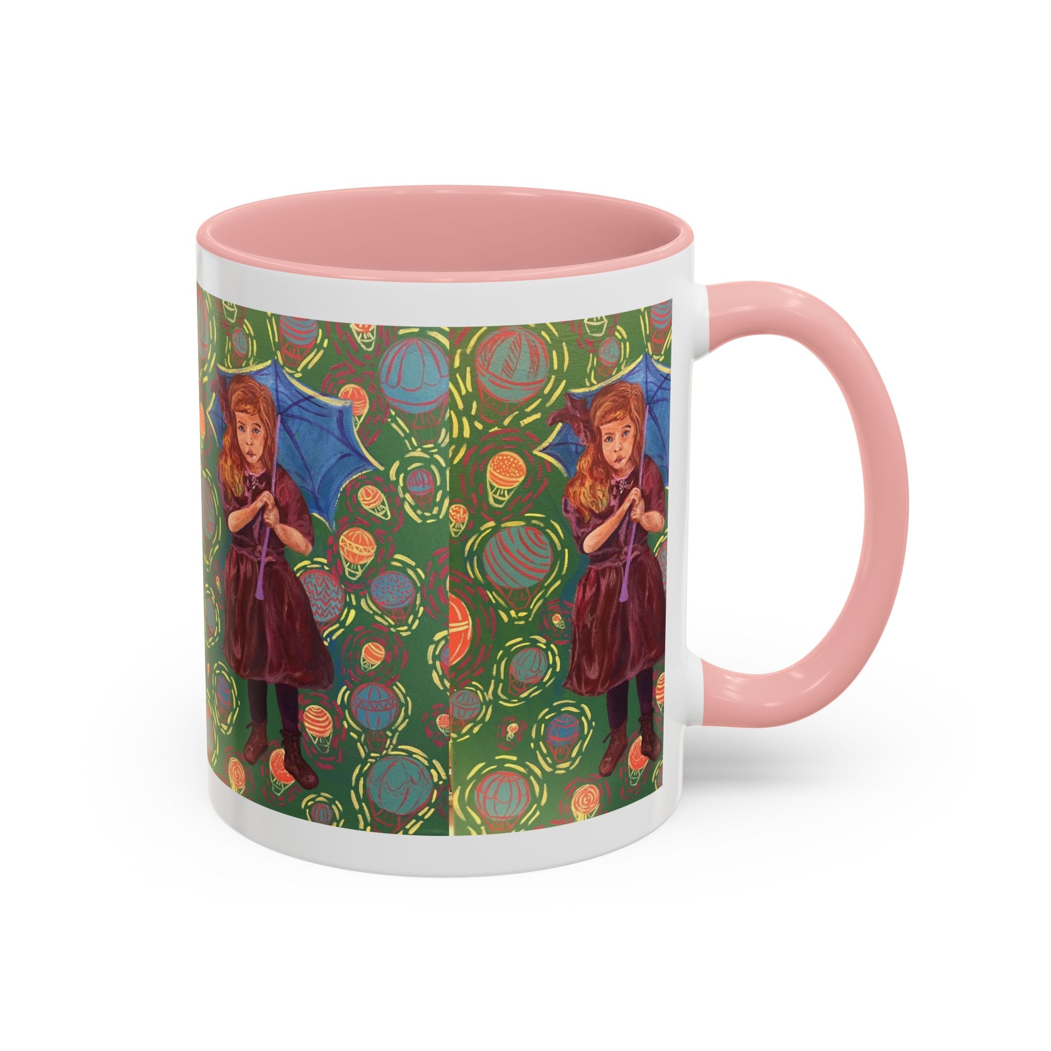 Vintage Girl with Umbrella Accent Coffee Mug — Whimsical Rainy-Day Art Gift (11/15 oz)