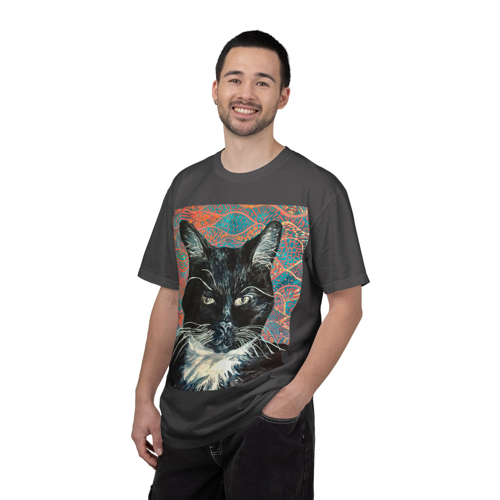 Black Cat Portrait T-Shirt — Painted Portrait on Pattern Background