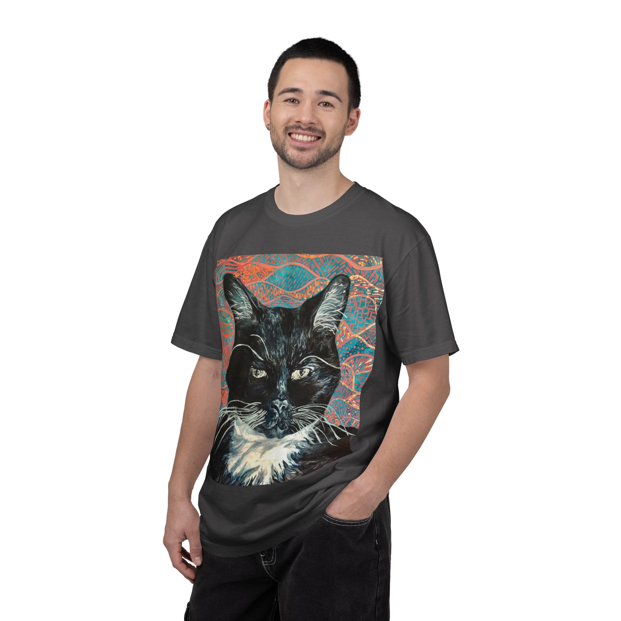 Black Cat Portrait T-Shirt — Painted Portrait on Pattern Background