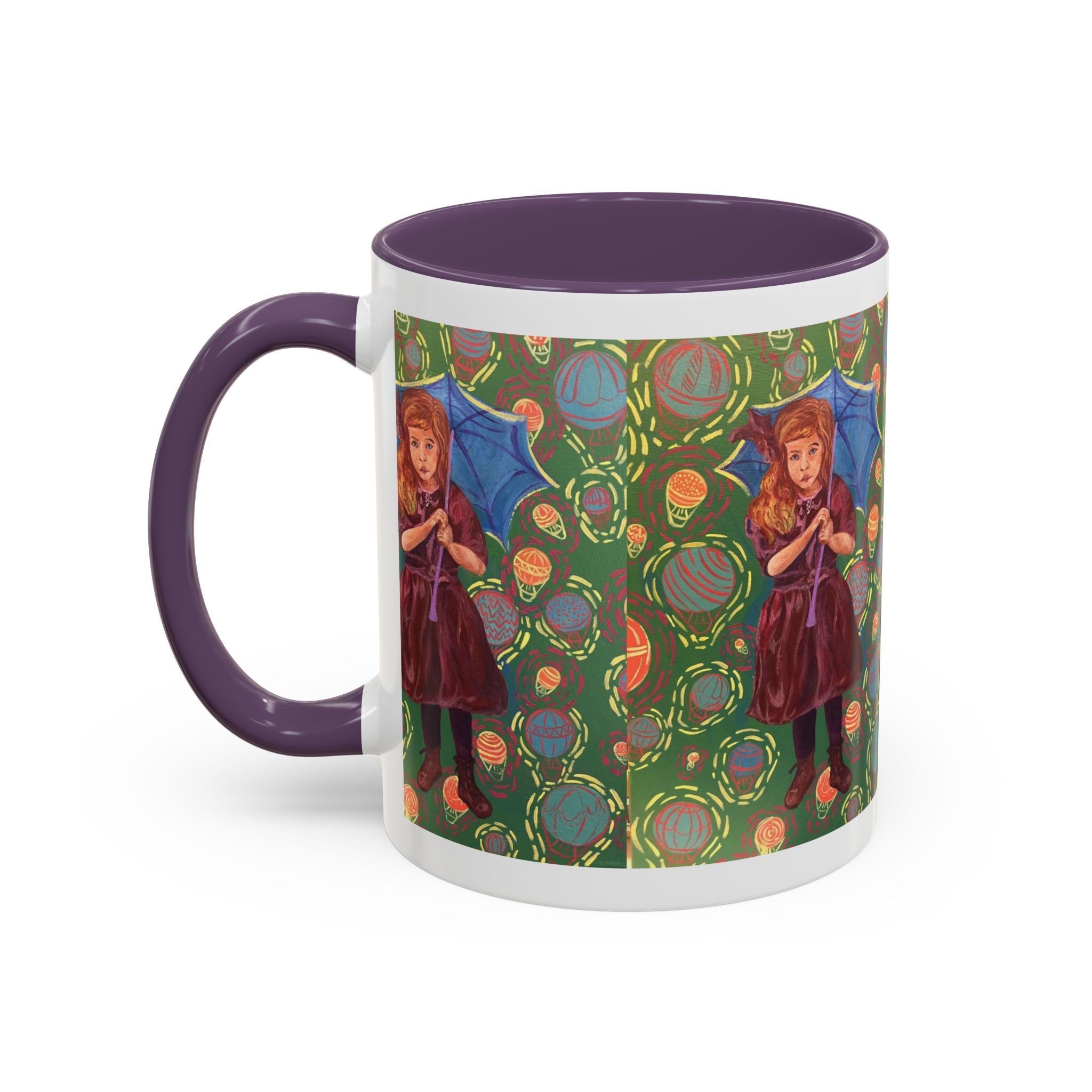 Vintage Girl with Umbrella Accent Coffee Mug — Whimsical Rainy-Day Art Gift (11/15 oz)