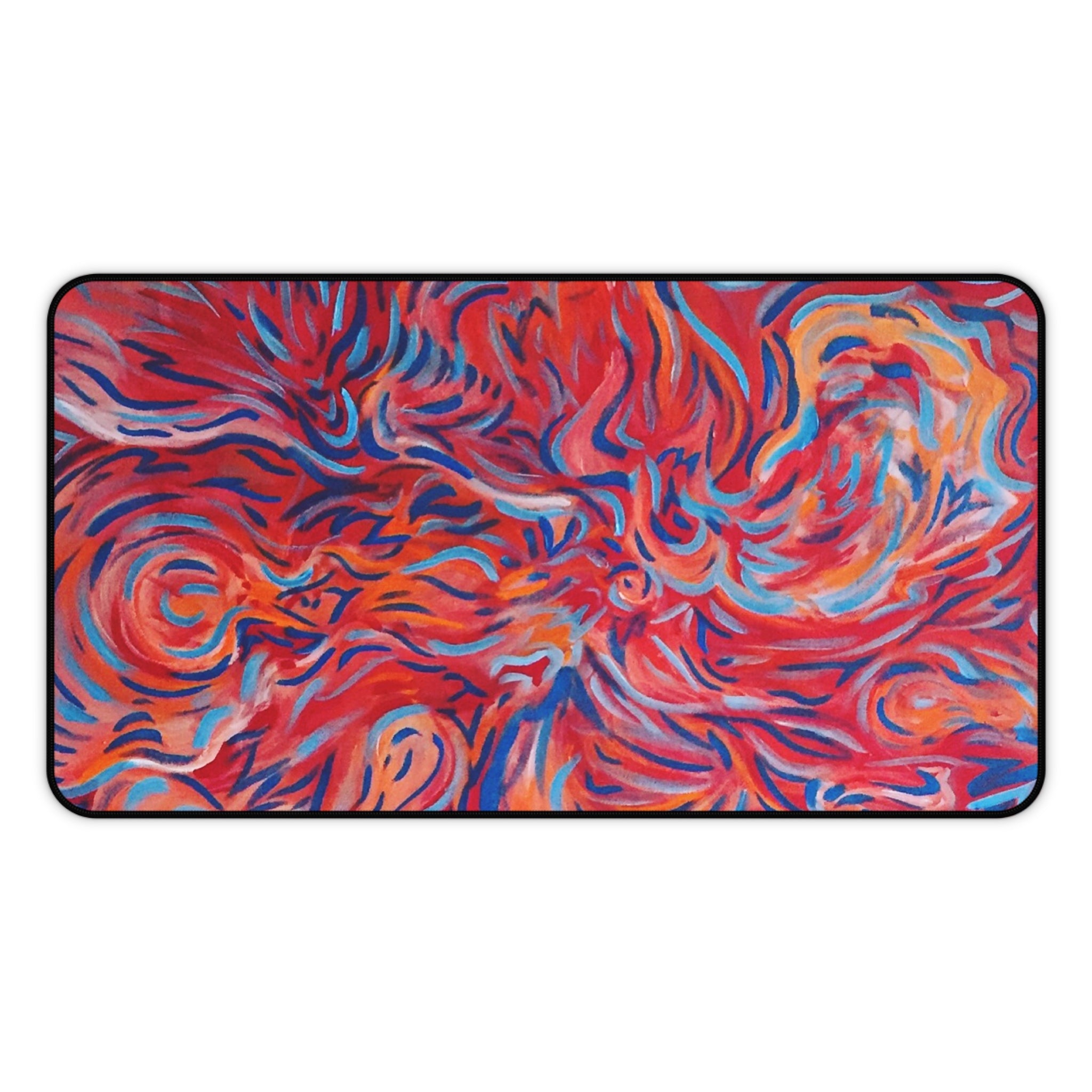 Abstract Flame Swirl Desk Mat — Vibrant Red & Blue Artistic Mouse Pad