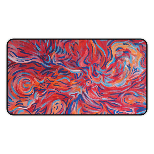 Abstract Flame Swirl Desk Mat — Vibrant Red & Blue Artistic Mouse Pad