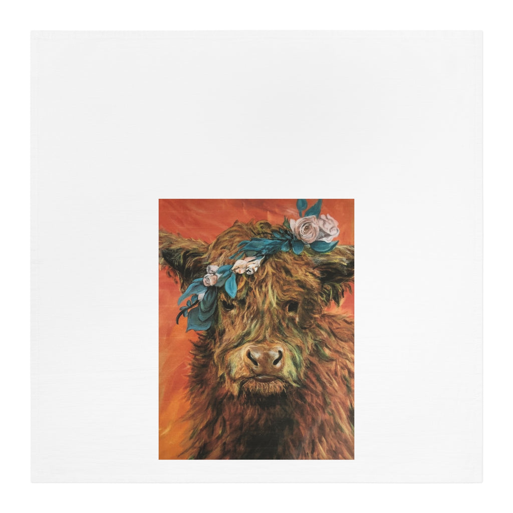 Highland Cow Tea Towel — Floral Crown Kitchen Towel with Vibrant Background