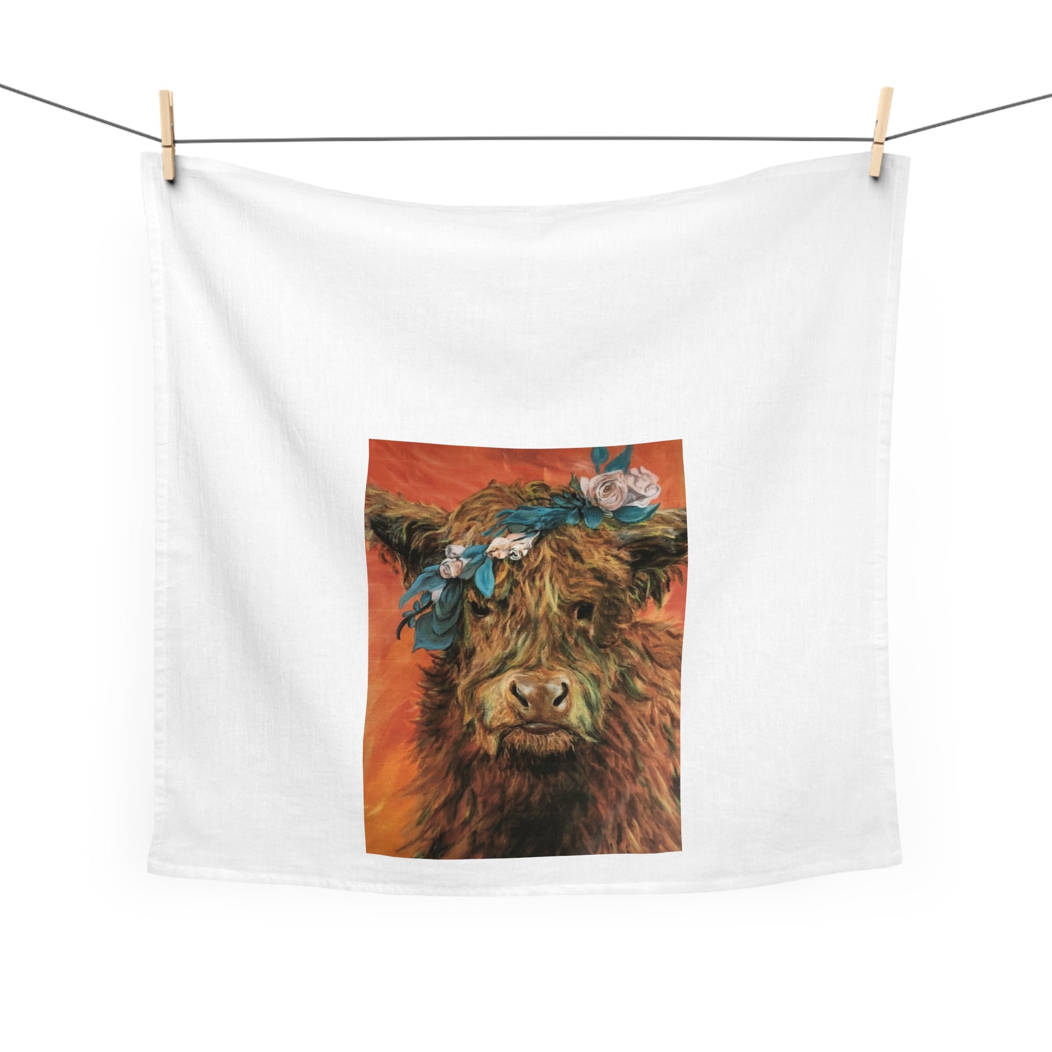 Highland Cow Tea Towel — Floral Crown Kitchen Towel with Vibrant Background