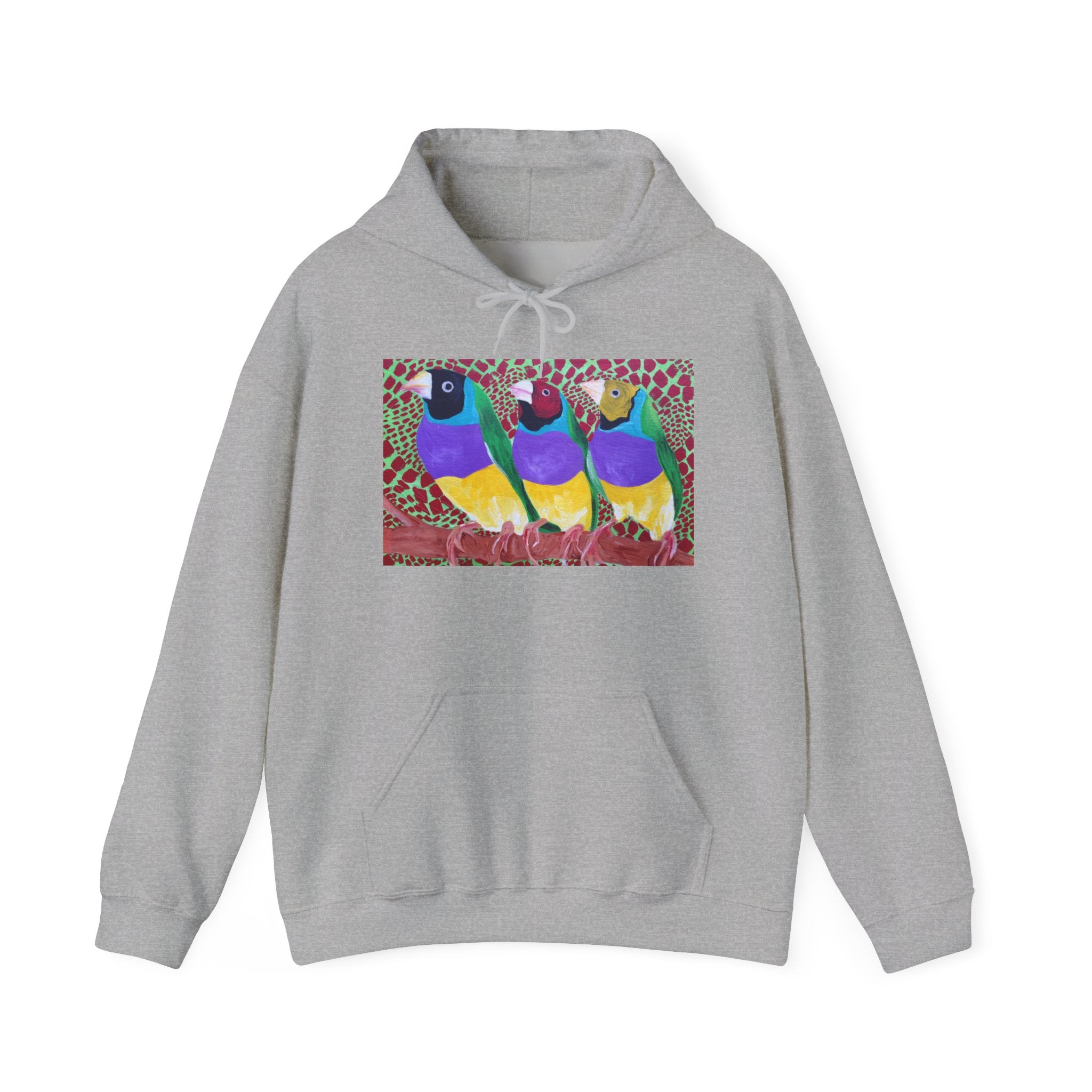 Gouldian Finch Trio Hoodie — Colorful Tropical Bird Graphic Pullover