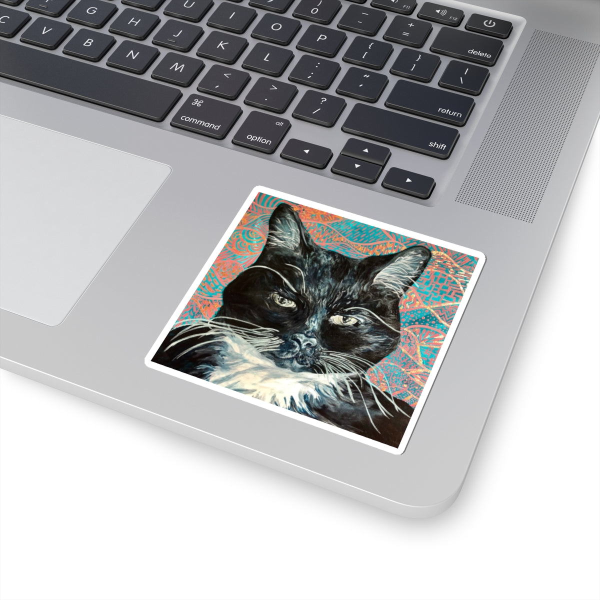 Black Cat Portrait Kiss-Cut Sticker — Patterned Background