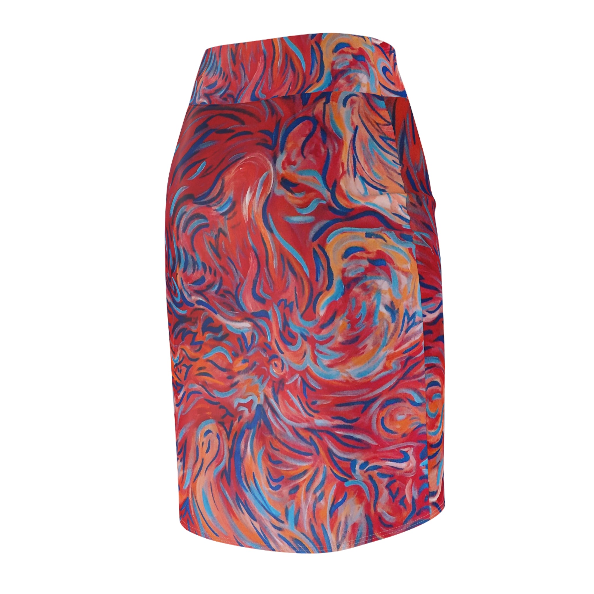Abstract Flame Swirl Pencil Skirt — Bold Artistic Printed Pencil Skirt