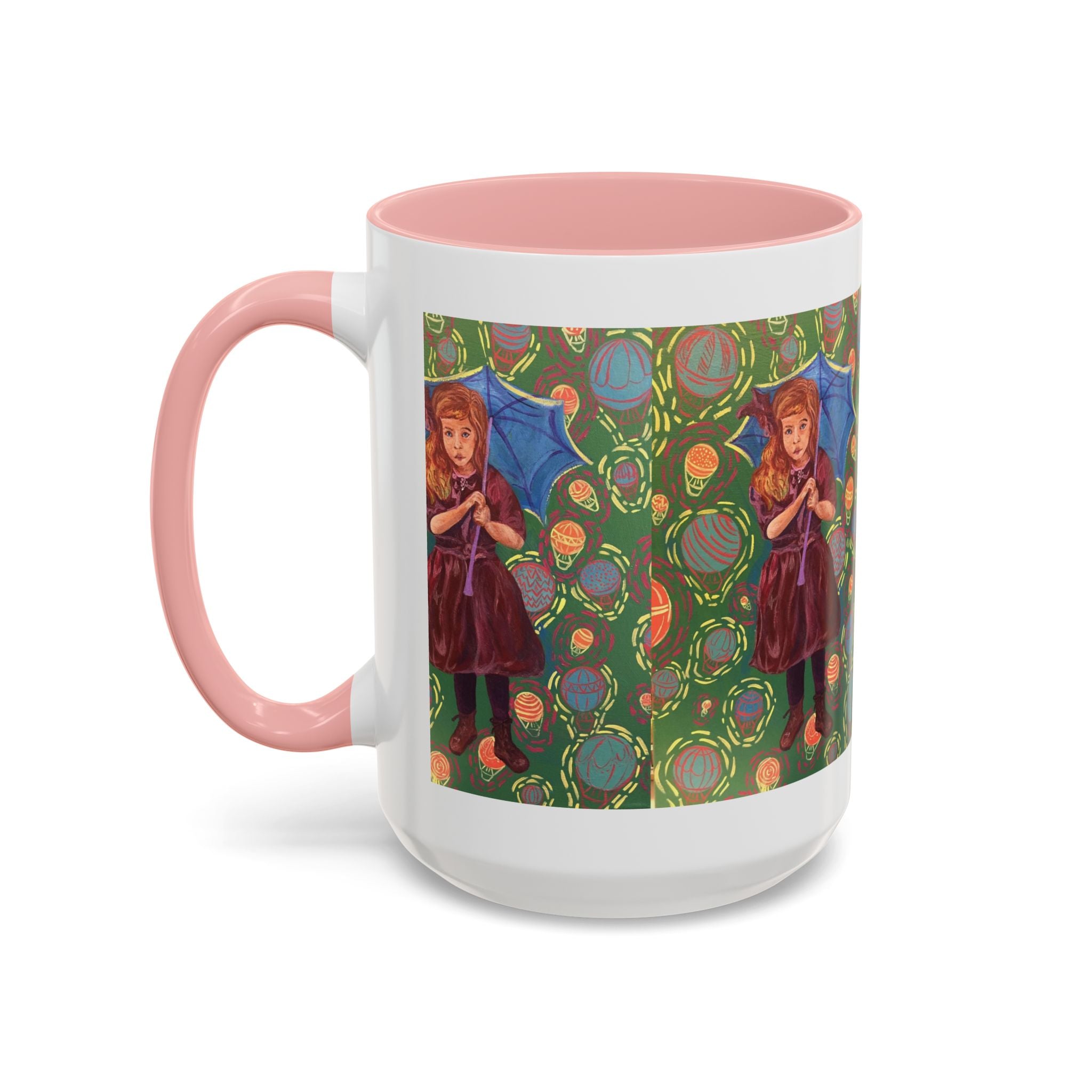 Vintage Girl with Umbrella Accent Coffee Mug — Whimsical Rainy-Day Art Gift (11/15 oz)