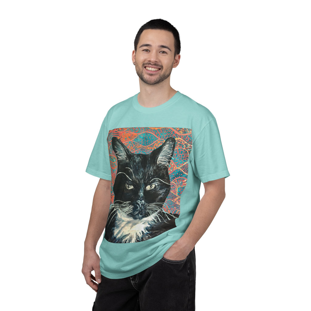 Black Cat Portrait T-Shirt — Painted Portrait on Pattern Background
