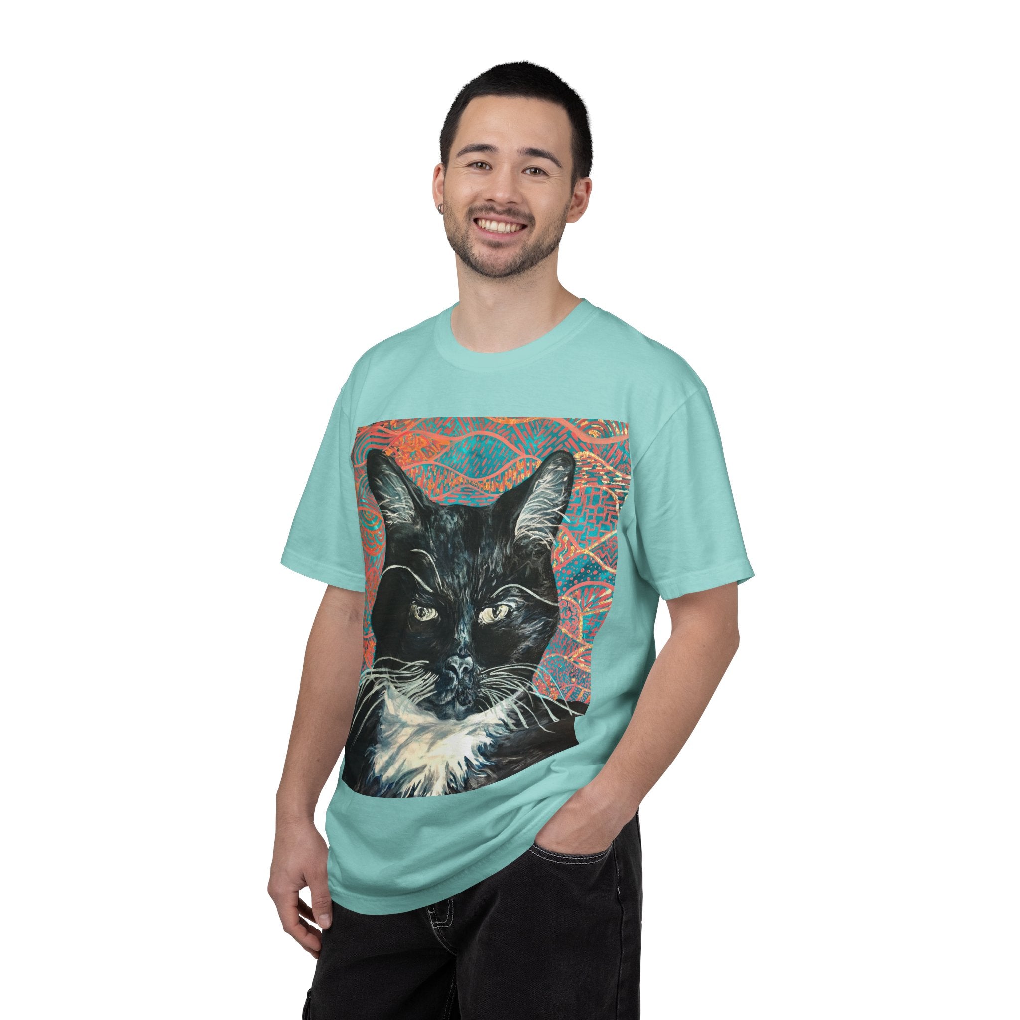 Black Cat Portrait T-Shirt — Painted Portrait on Pattern Background