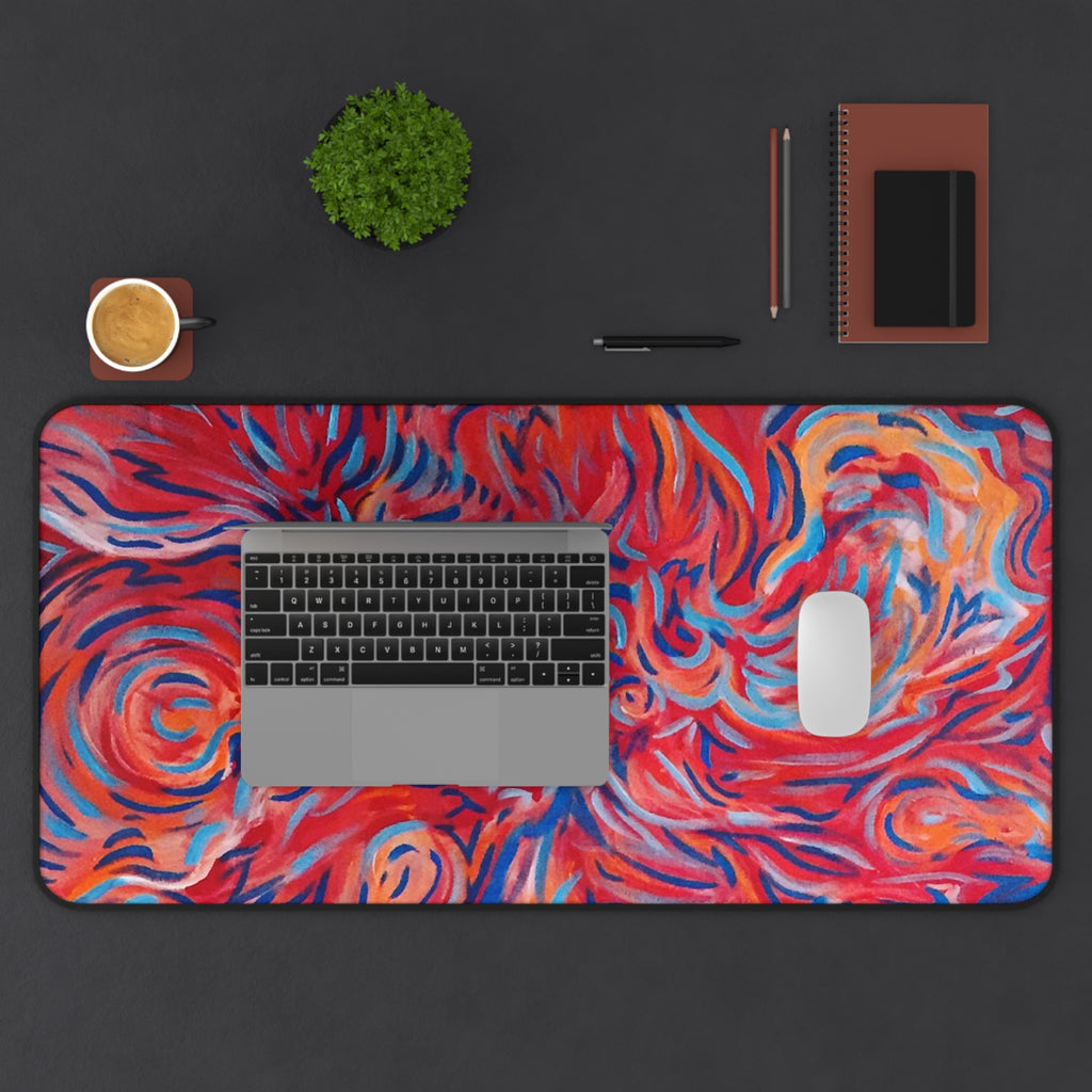 Abstract Flame Swirl Desk Mat — Vibrant Red & Blue Artistic Mouse Pad